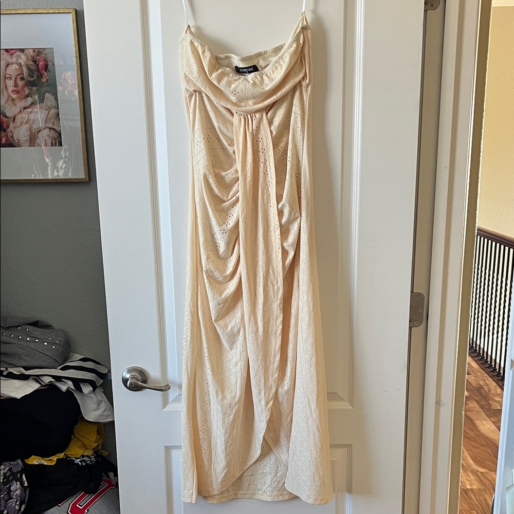 Light Cream Eyelet Draped Maxi Dress with Adjustable Spaghetti Straps